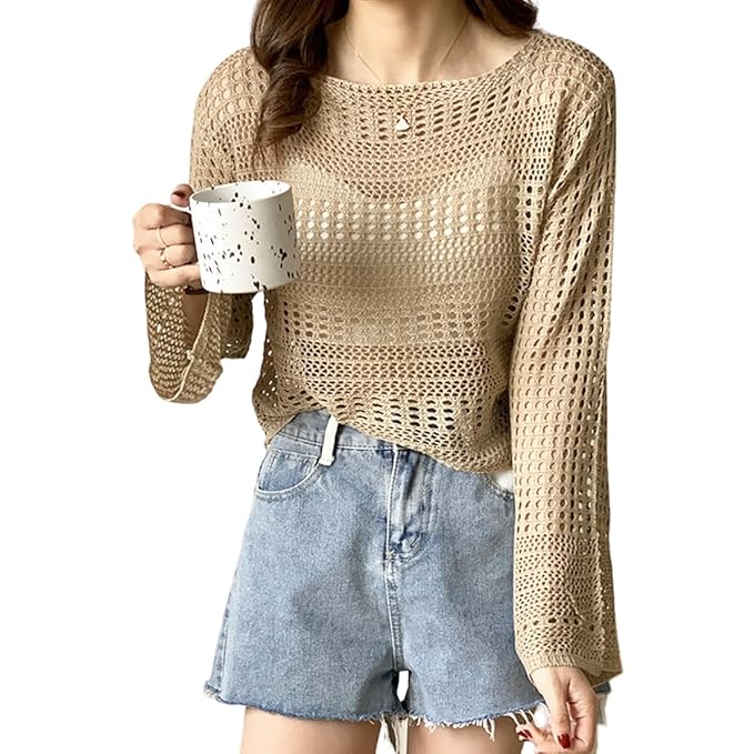 MYSTIFY Women®Short Openwork Sunscreen Knitted Pullover Women Summer Seaside Resort Loose Design Sense Long-Sleeve Sweater Top